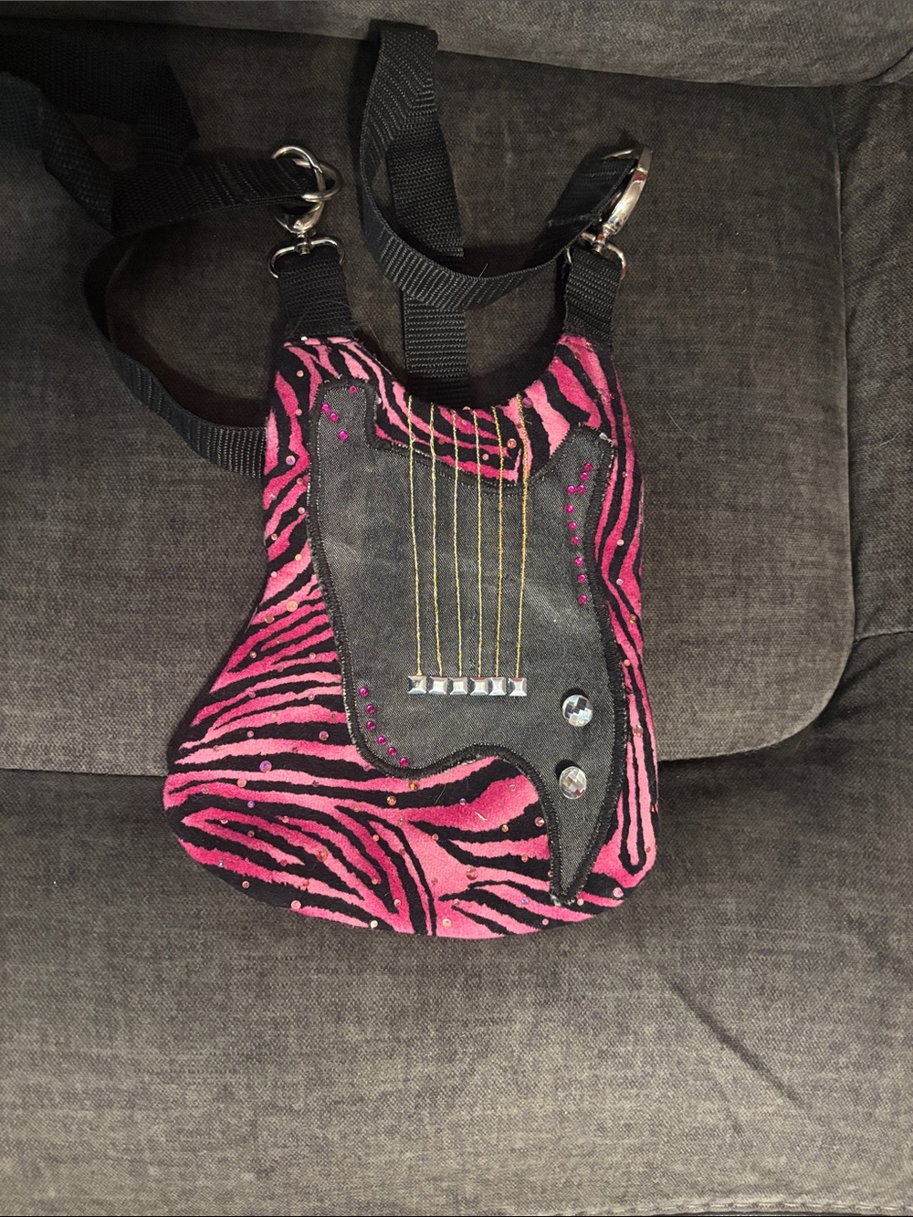 Pink Zebra Guitar-Shape Crossbody Bag with Black Trim